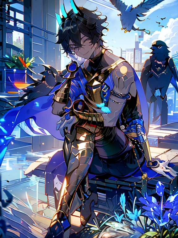 ((masterpiece)), (((HDR))), ((best quality)), (ultra high quality), (hi-res), ((absurdres)), ((1man)), (arjuna alter (fate)), arjuna alter - third ascen (fate):1.3), ((short black hair)), ((black shirt, sleeveless, blue capelet, neck ring, jewelry, armlet, golden gauntlets, white gloves, tattoo, short blue horns)), perfect body, perfect anatomy, long legs, (((thigh gap))), (smile), cute, facing camera, (sitting), ((looking up at camera)), ((dynamic)), in a field, outside, daytime, additional lighting, sunlight on face, noon, bright sun, birds