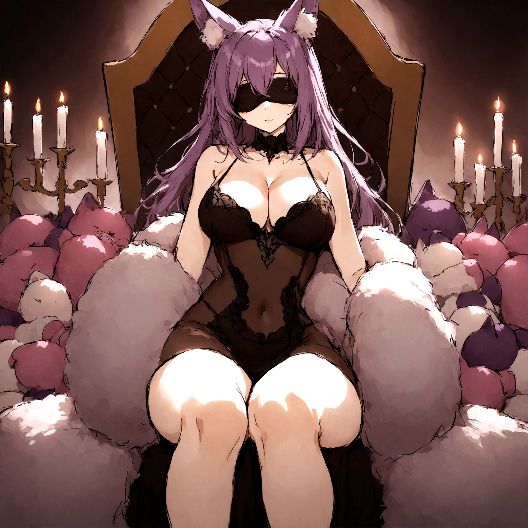 a sexy milf with a blindfold on, has very long purple hair, wearing fur lined sheer robe, breasts, showing cleavage, has fox ears, relaxing on a throne, surrounded by candles and soft multi colored fuzzy plushies