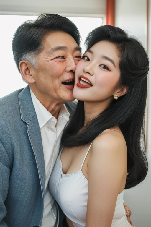 {1 korean girl, (hairstyle of the 1980s), ((pin-up style)), 22 years old} , {1 korean old man, 60 years old, very old}, "young girl and old man kissing", kissing, face to face, romantic, natural pose, (old man open mouth and tongue out)