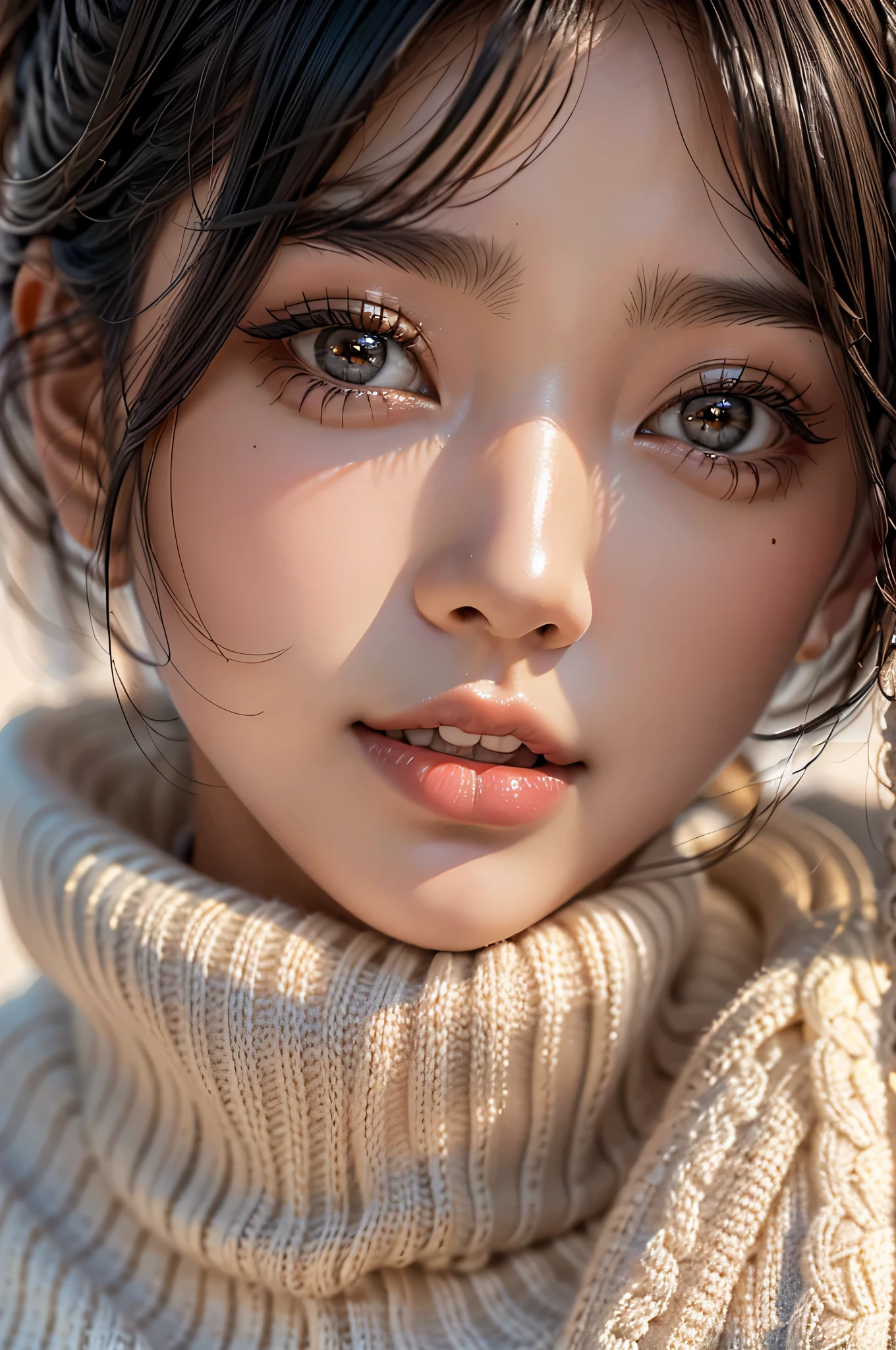 Best Quality, Ultra High Definition, (Photorealistic:1.4),Sunset Light, Ponytail, Korean Women, Detailed Photo, Smiling, Sexy, Black Shirt, Facing Camera, Close-up (Masterpiece: 1.3), (8K, Photorealistic, Best Quality: 1.4), (1girl), Beautiful Face, (Realistic Face), (Black Hair, Short Hair: 1.3), Beautiful Hairstyle, Realistic eyes, beautiful detail eyes, (realistic skin), beautiful skin, (sweater), absurd, attractive, ultra high resolution, ultra realistic, high definition, golden ratio