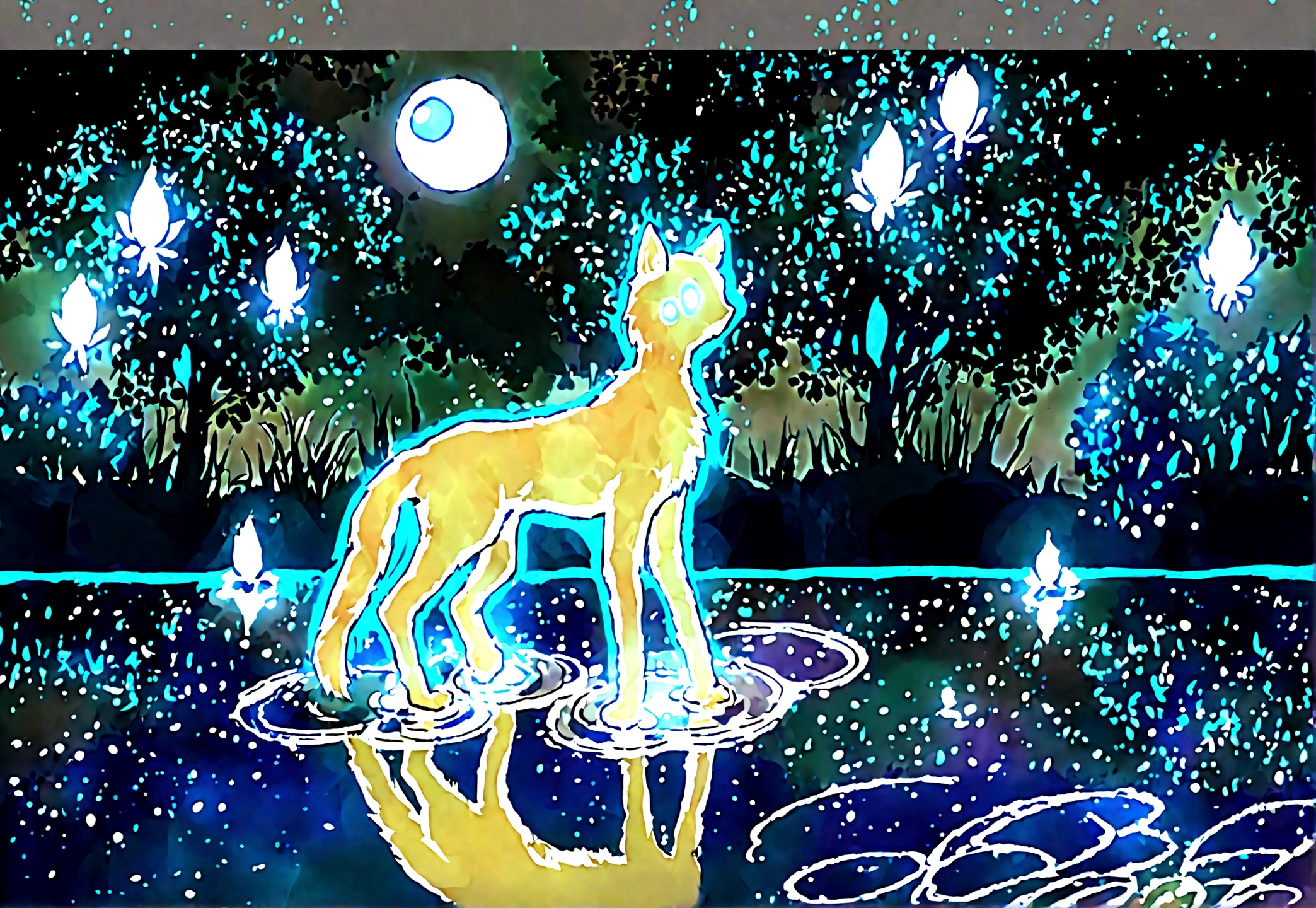 A whirlwind of magical golden breeze surrounds a small lagoon illuminated with water lilies, located in the patio of a house under the light of the moon. On the edge of the lagoon, there is a male cat with golden fur, with a transparent ghostly appearance and greenish-yellow eyes. The style is 2D anime fantasy with a glow effect.