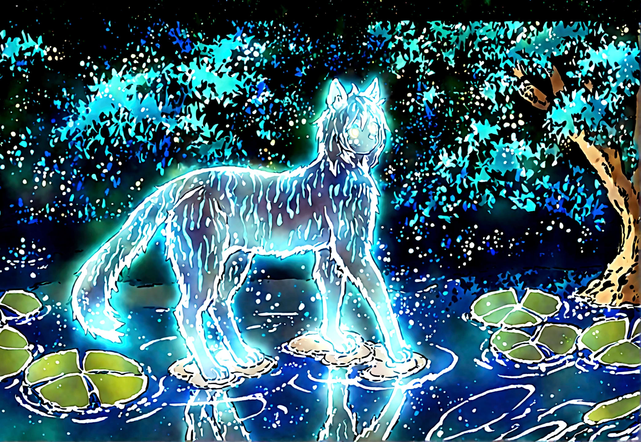 A whirlwind of magical golden breeze surrounds a small lagoon illuminated with water lilies, located in the patio of a house under the light of the moon. On the edge of the lagoon, there is a male cat with golden fur, with a transparent ghostly appearance and greenish-yellow eyes. The style is 2D anime fantasy with a glow effect.