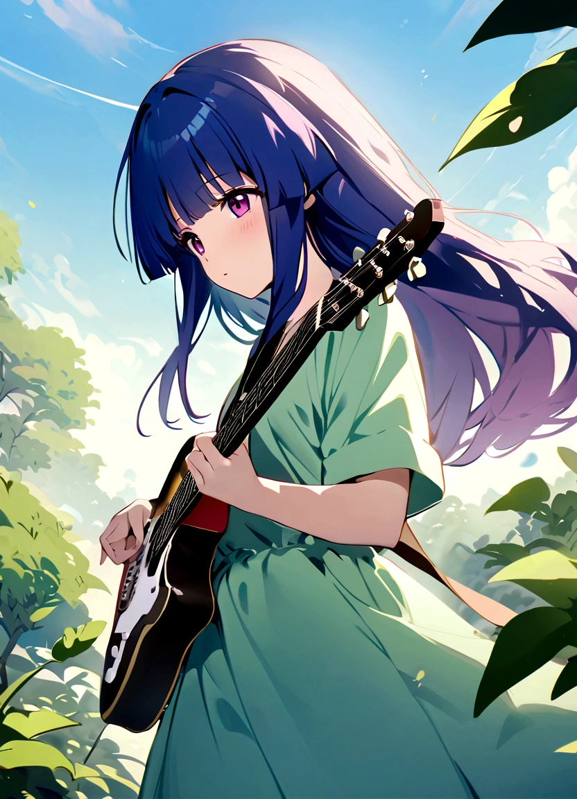 Guitarist playing guitar in natural scenery。Green background and clear々In the fresh air、Guitarists are one with nature。
One Girl, alone, furude rika, Blue Hair, Purple eyes, Long Hair, blunt bangs, bangs, alone, green dress