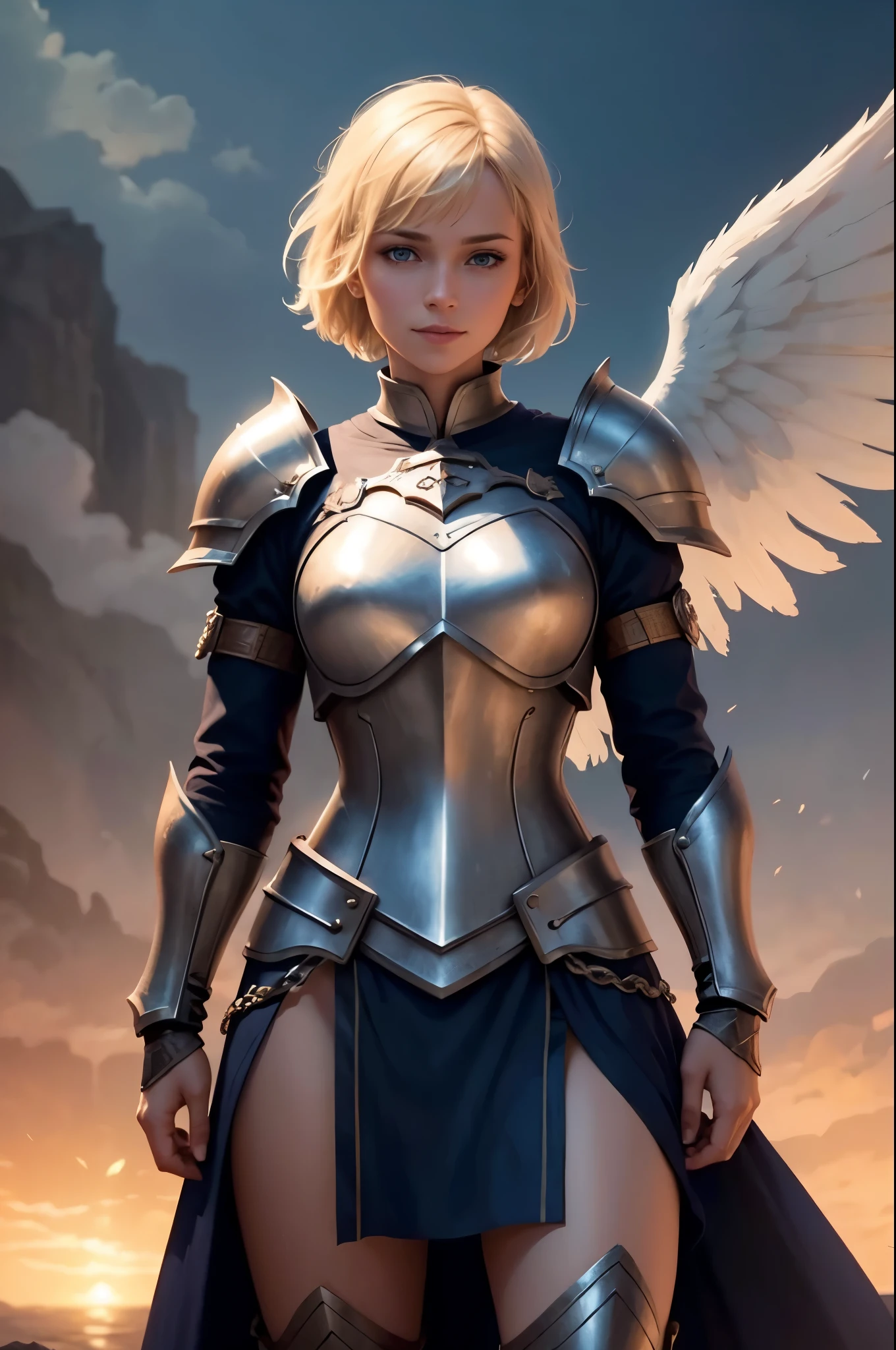 1 female paladin, fantasy, 30 years, she is wearing paladin armor, she has blond bobcut hair, she has blue eyes, she has a damaged sword in her hands, she is smiling, clear sky in the background, fantasy, realistic, she has extremely detailed face, she has angel wings, she is looking away
