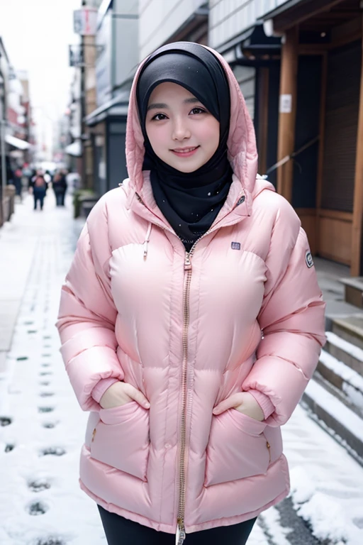 Best quality, 4K, 8K, Detailed faces,fully body photo, Clear face, Japanese muslim girl, 21 years old girl, Pasmina hijab, Redlip, Smilingly, perfect body figure, Long slim legs, Girl wearing long and wide down jacket with hood, snowy Tokyo landscape, the street