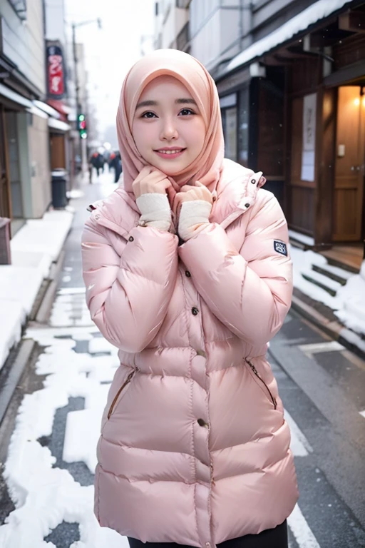 Best quality, 4K, 8K, Detailed faces,fully body photo, Clear face, Japanese muslim girl, 21 years old girl, Pasmina hijab, Redlip, Smilingly, perfect body figure, Long slim legs, Girl wearing long and wide down jacket with hood, snowy Tokyo landscape, the street