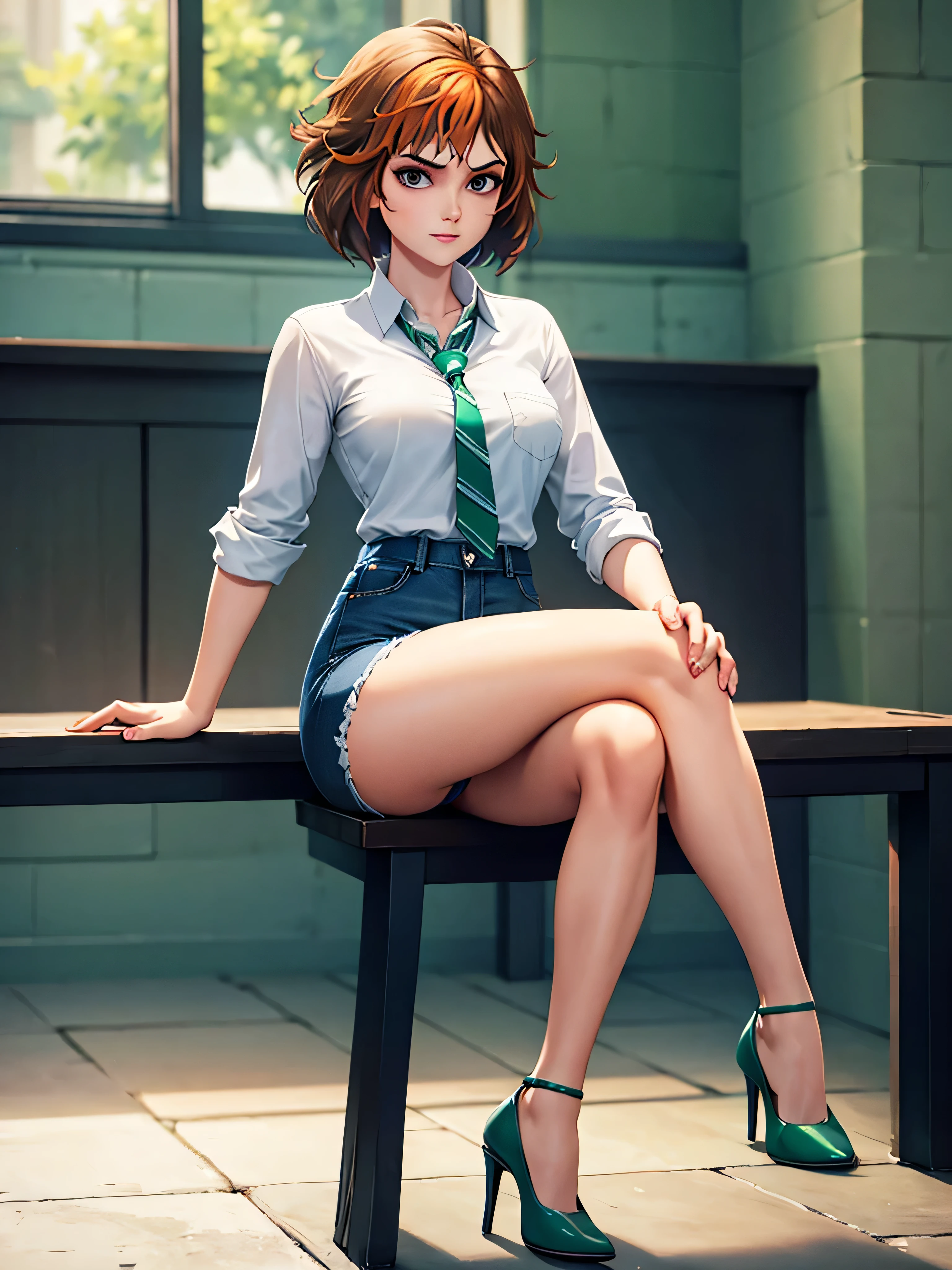 merula, full body, blue jeans, sitting, school, green striped necktie, crossed legs, thighs, high heels