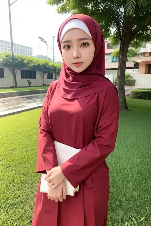 remaja cantik sedang memegang bunga mawar merah berpakaian busana muslin hijab ungu
