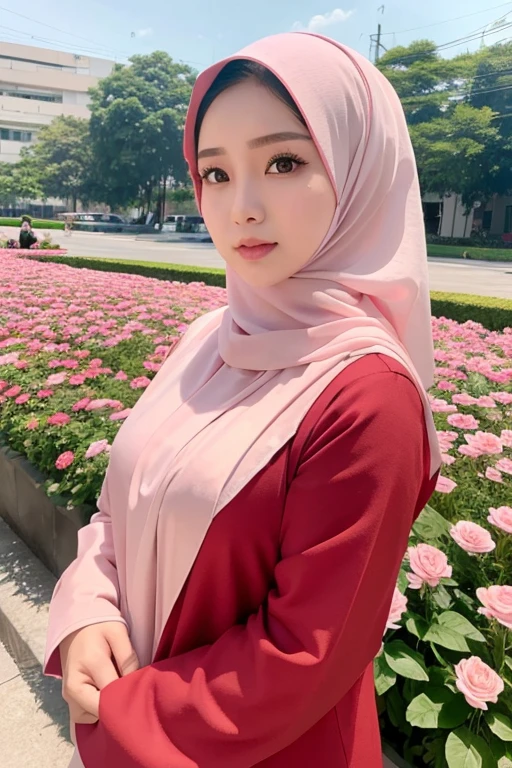 remaja cantik sedang memegang bunga mawar merah berpakaian busana muslin hijab ungu