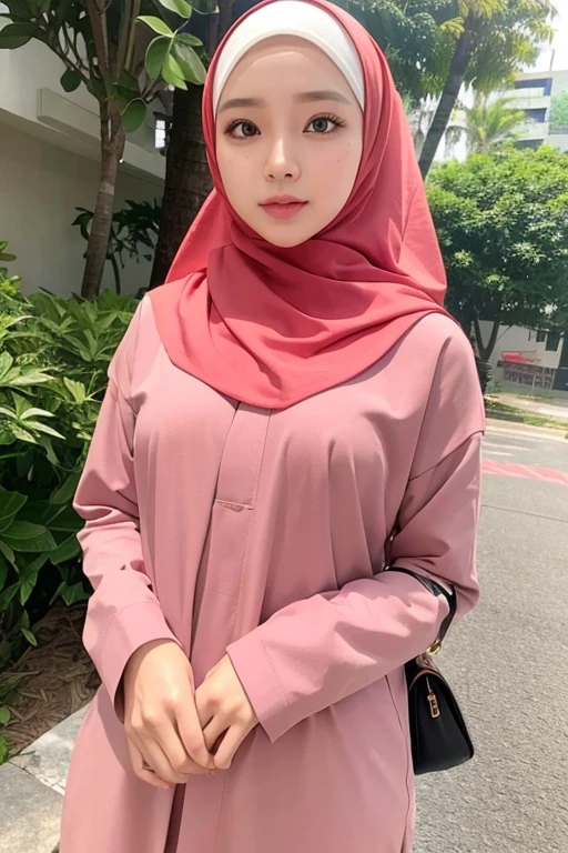 remaja cantik sedang memegang bunga mawar merah berpakaian busana muslin hijab ungu