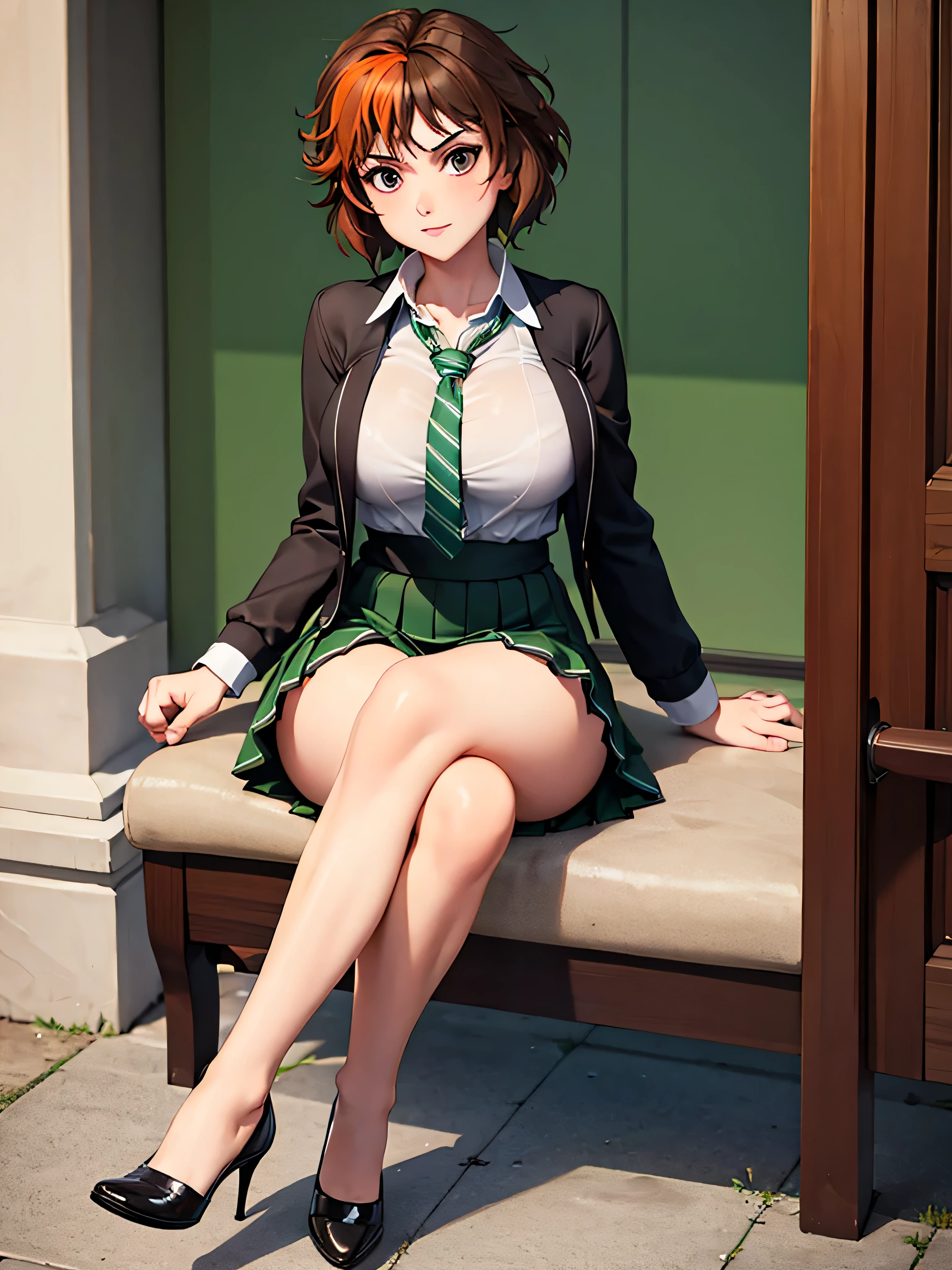 merula, full body, black mini skirt, pleated skirt, sitting, school, green striped necktie, crossed legs, thighs, high heels, nude tits