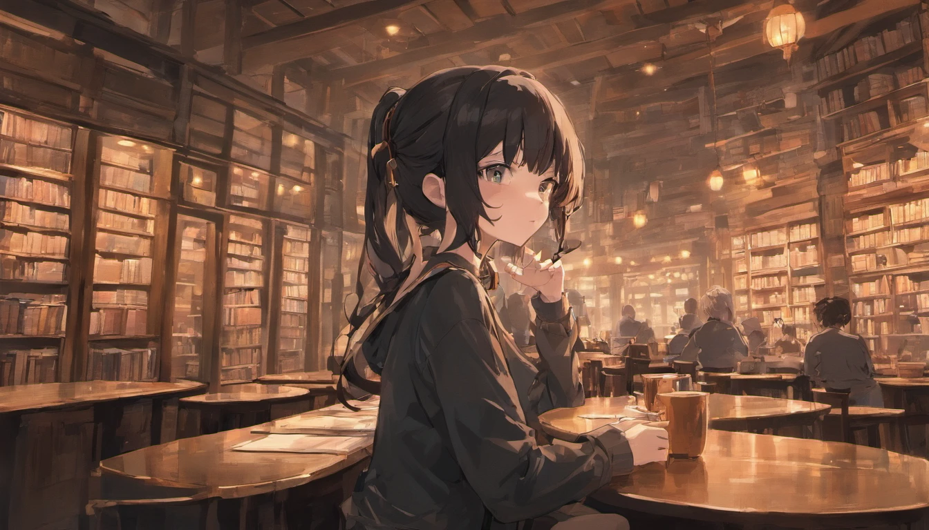 A cafe with lots of books、sitting at a table and listening to music with headphones on、Black Hair Girl、Anime illustration、Dark Eyes、Japanese、headphone、Window