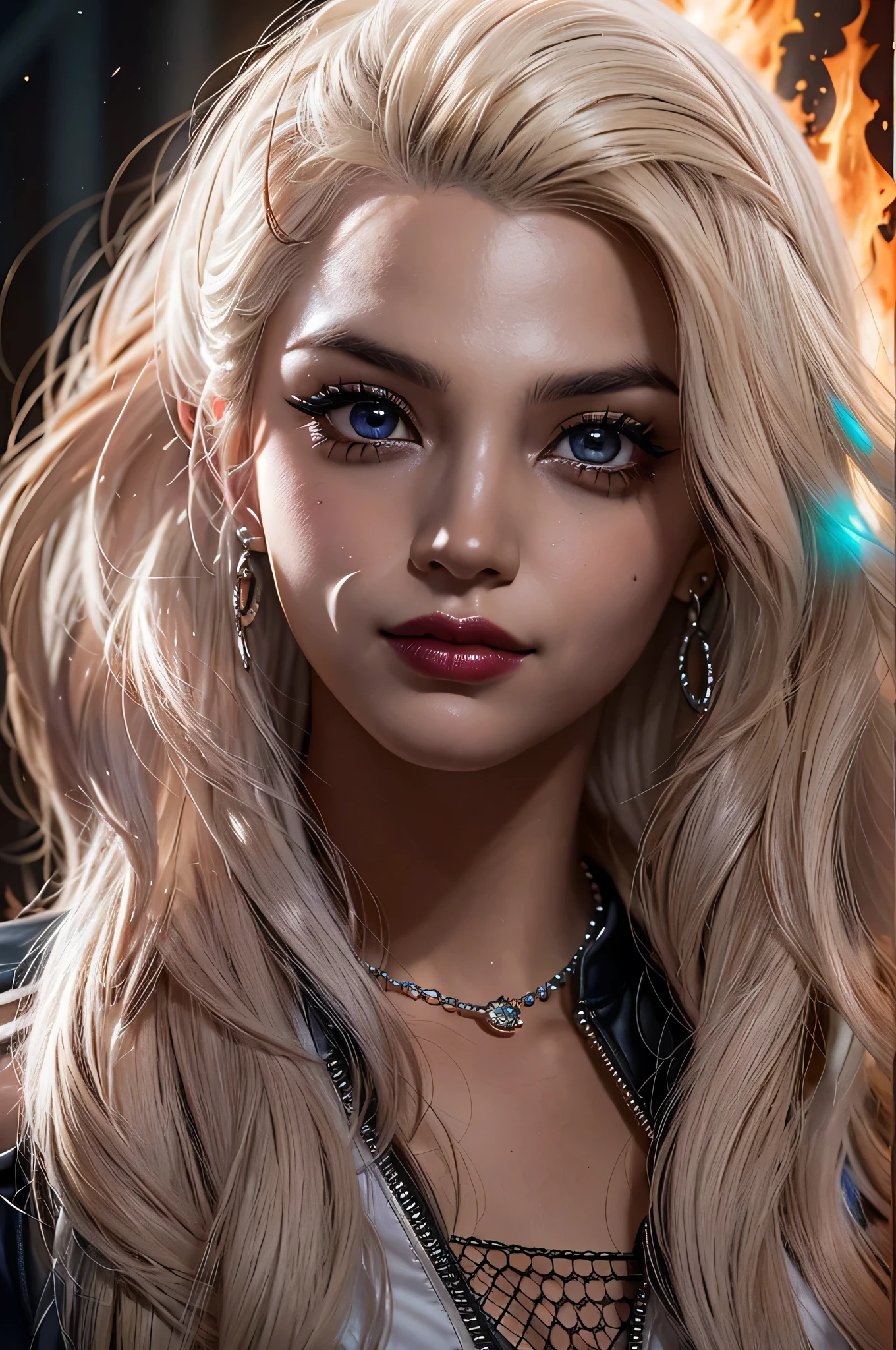 photorealistic Realism 8K, 16K Quality, (ultra absurd quality, extremely detailed detail, hyper resolution, clear sharp focus, not blurry, (Realistic brown_eyes:1.25)), ((perfect dark_eyeshadows:1.45)), (super Detailed, beautiful little nose:1.2), (perfect composition), Depth of field, cinematic light, Lens flare, Ray tracing, (extremely beautiful face, beautiful lips , Beautiful eyes), Intricate detail face, ((Ultra detailed skin)) A breathtakingly lifelike portrait of Harley Quinn, her vivid hair cascading down her back, contrasting the dark and gritty background of Gotham. Every detail of her outfit, every imperfections on her flawless skin, meticulously captured in ultra-high resolution, offering a crystal-clear sharpness that makes the image stand out. Harley Quinn, 16 Anos, Cabelo Grande, Fogo, Pessoas: A striking composition of Harley Quinn at , her long hair ablaze, surrounded by a vivid display of flames and a group of intriguing characters,