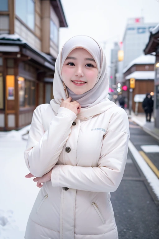 Best quality, 4K, 8K, Detailed faces,fully body photo, Clear face, Japanese muslim girl, 21 years old girl, Pasmina hijab, White hijab, Redlip, Smilingly, perfect body figure, Long slim legs, Learing long down jacket with hood, snowy Tokyo landscape, the street