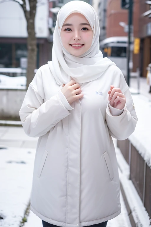 Best quality, 4K, 8K, Detailed faces,fully body photo, Clear face, Japanese muslim girl, 21 years old girl, Pasmina hijab, White hijab, Redlip, Smilingly, perfect body figure, Long slim legs, Learing long down jacket with hood, snowy Tokyo landscape, the street