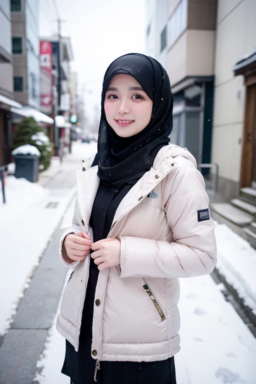 Best quality, 4K, 8K, Detailed faces,fully body photo, Clear face, Japanese muslim girl, 21 years old girl, Pasmina hijab, White hijab, Redlip, Smilingly, perfect body figure, Long slim legs, Learing long down jacket with hood, snowy Tokyo landscape, the street