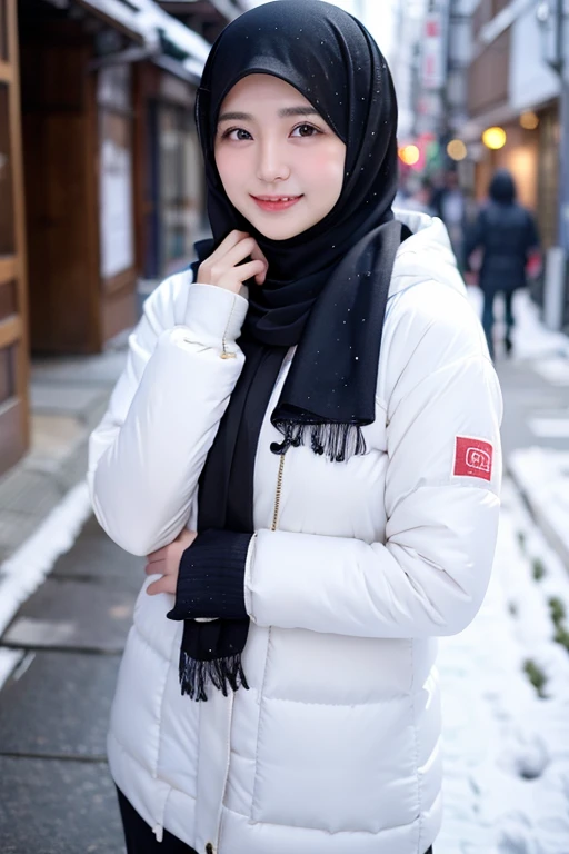 Best quality, 4K, 8K, Detailed faces,fully body photo, Clear face, Japanese muslim girl, 21 years old girl, Pasmina hijab, White hijab, Redlip, Smilingly, perfect body figure, Long slim legs, Learing long down jacket with hood, snowy Tokyo landscape, the street