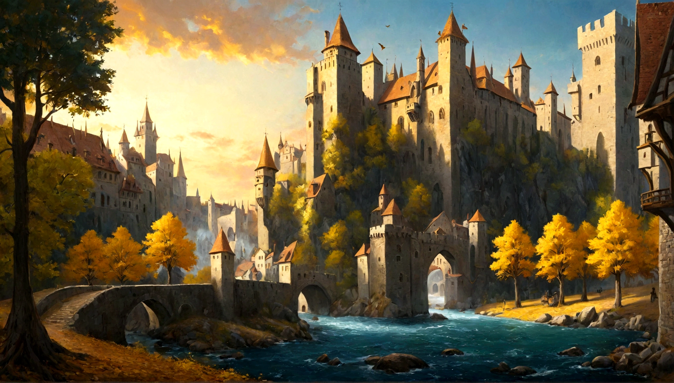 many trees, forest, golden trees, golden leaves, city in forest, city, medieval city, ((medieval city))
