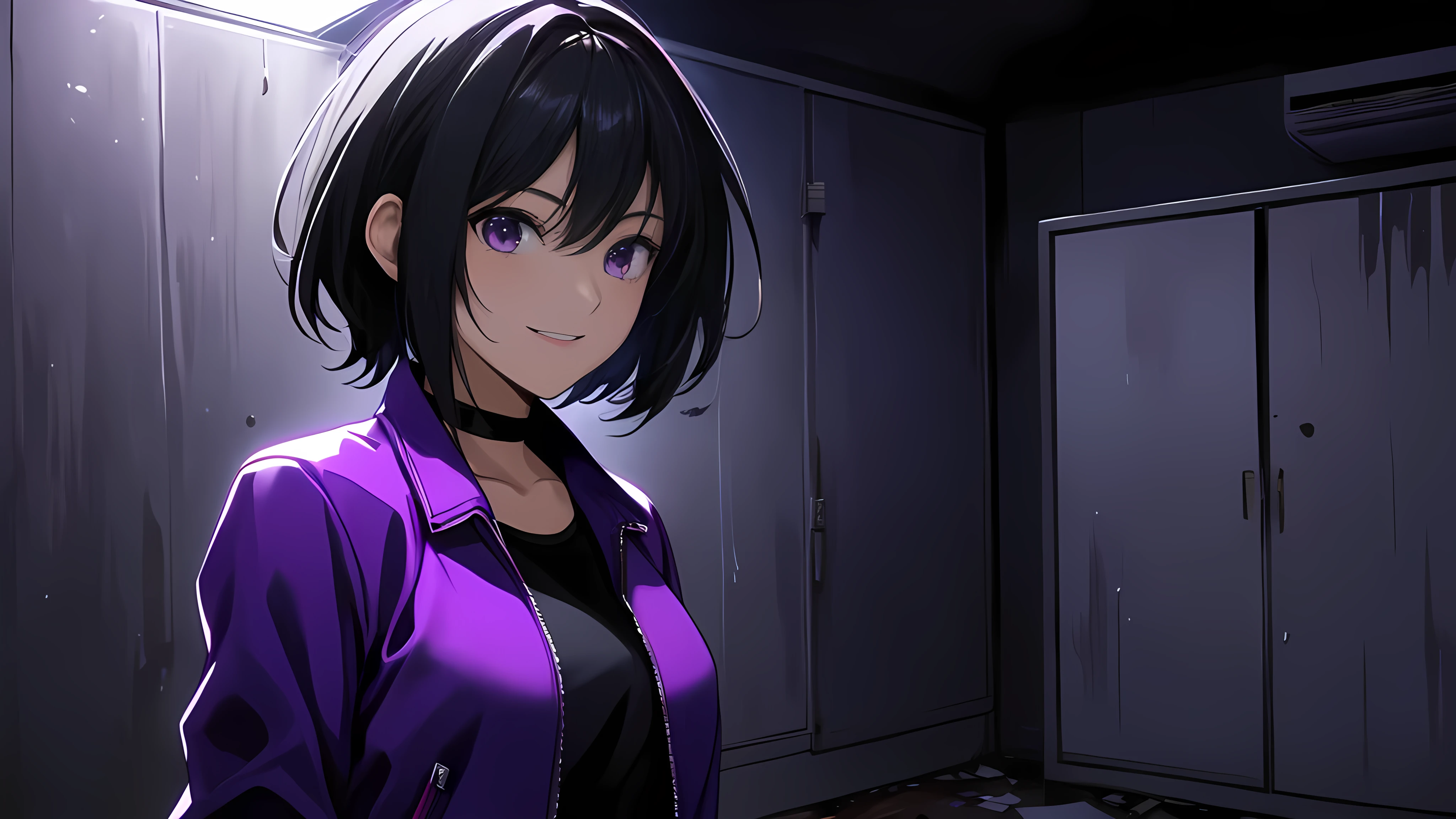 (Horor Abandoned Mess Room background:1.1), (Horor Ambient:1.1), (Lighting:1.1), (Shadow:1.1), Tomboy Girl, Smart, Mature, Sexy, Short black hair, Black Plain chokers, purple pupil eyes, Wearing sleek black spandex under short purple jacket, Smiling menacingly, Intimidate, Confident, no fear, Stand, dark Pitch-black in the middle of the night with no moonlight room, abandoned mess horor room, midnight.