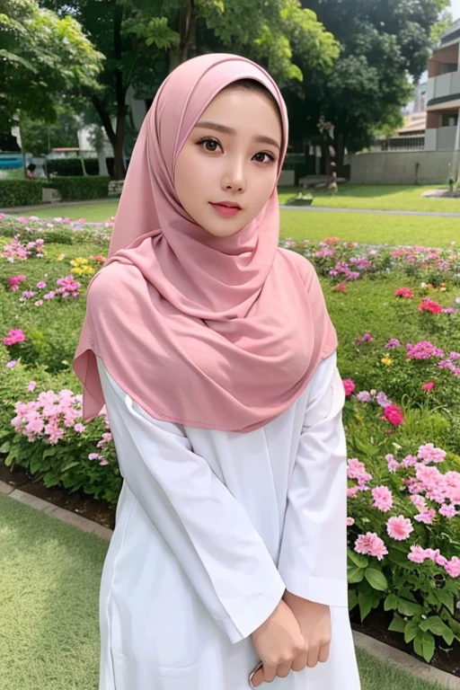 remaja cantik sedang memegang bunga mawar hungu berpakaian busana muslin hijab ungu