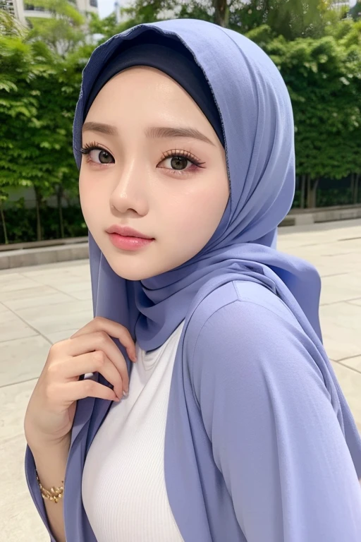 remaja cantik sedang memegang bunga mawar hungu berpakaian busana muslin hijab ungu