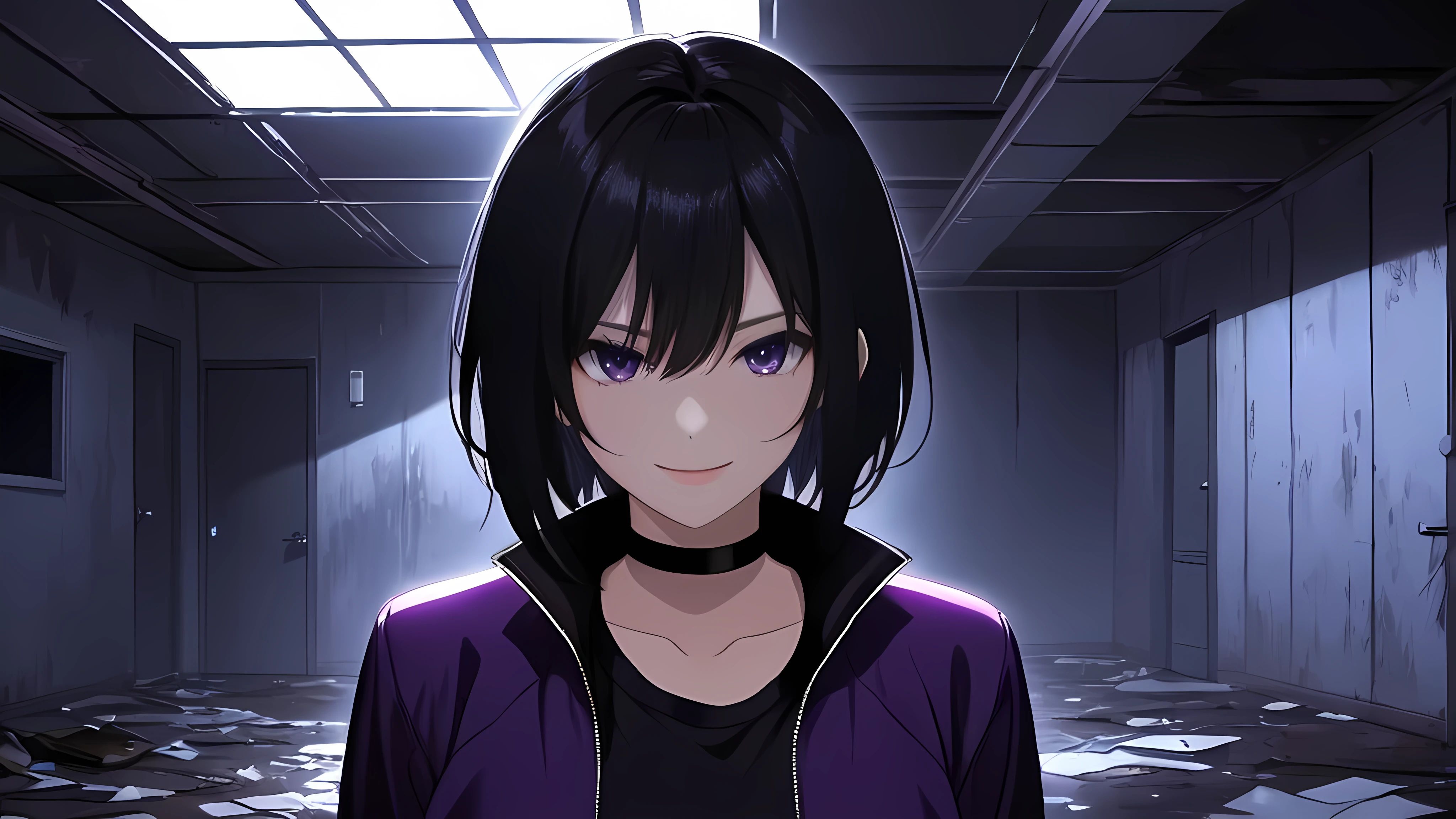 (Horor Abandoned Mess Room background:1.1), (Horor Ambient:1.1), (Lighting:1.1), (Shadow:1.1), Tomboy Girl, Smart, Mature, Sexy, Short black hair, Black Plain chokers, purple pupil eyes, Wearing sleek black spandex under short purple jacket, Smiling menacingly, Intimidate, Confident, no fear, Stand, dark Pitch-black in the middle of the night with no moonlight room, abandoned mess horor room, midnight.