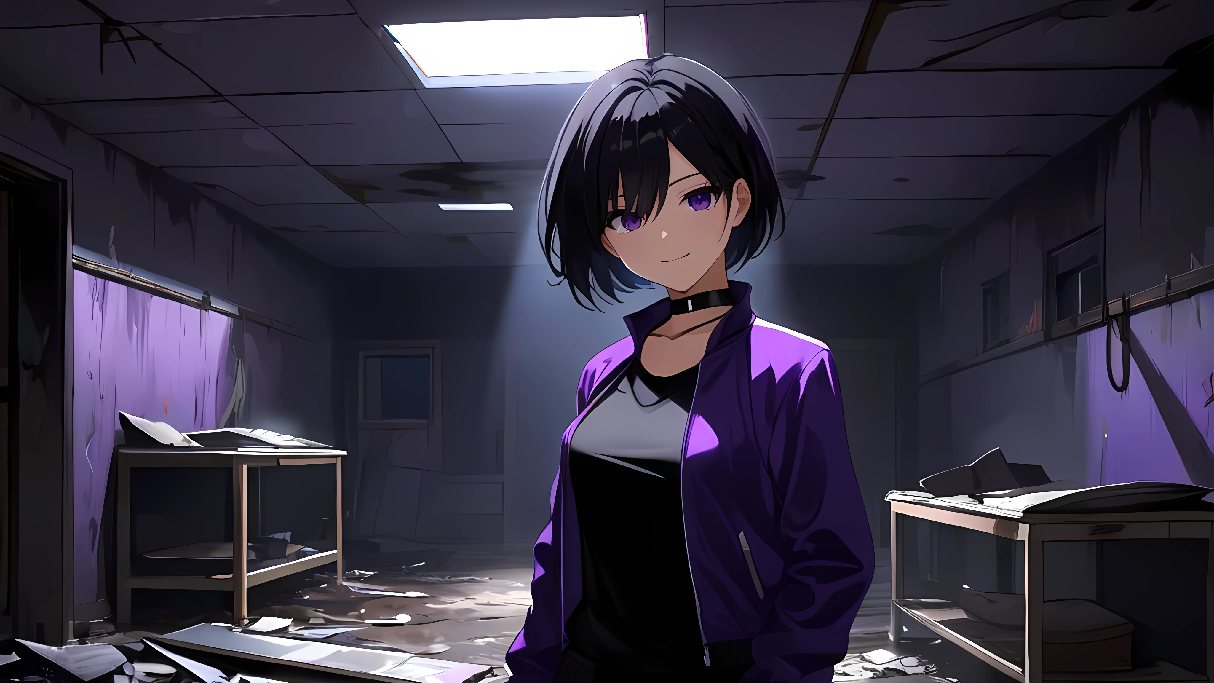 (Horor Abandoned Mess Room background:1.1), (Horor Ambient:1.1), (Lighting:1.1), (Shadow:1.1), Tomboy Girl, Smart, Mature, Sexy, Short black hair, Black Plain chokers, purple pupil eyes, Wearing sleek black spandex under short purple jacket, Smiling menacingly, Intimidate, Confident, no fear, Stand, dark Pitch-black in the middle of the night with no moonlight room, abandoned mess horor room, midnight.