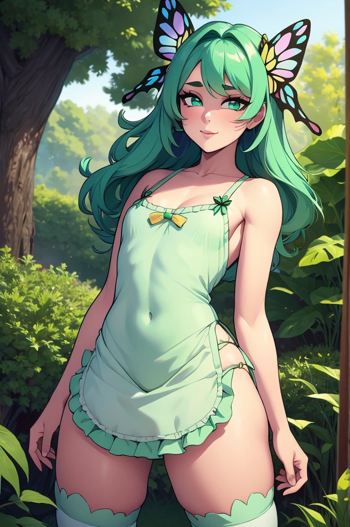 High definition, 4K, HD, 8K, Best Quality, Masterpiece, 1femboy, apron, hair ornament, dress, glee (expression), cute butterfly themed jewelry, medium length hair, mary janes, one side up, mint green hair, beautiful face, shoes, short dress, solo, thigh highs, white thigh highs, effeminate man, feminine man anatomy, femboy anatomy, forest green eyes, fair skin, flat but slightly perky breasts, butterfly motif