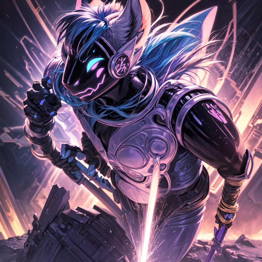 Niji mode, human sorcerer secret agent, human face with violet lion ears, full body, wearing an elegant suit made of fine fabric and with magic circuits, holding in both hands a sword with a long handle with carved magic details glowing, glowing eyes, RPG costume , tanned skin, neon punk, art book, Studio ghibli, wide setting, in the middle of a retro cyber punk magical metropolis, magical light reflected in the hair and ear, aura of light, stylish dynamic pose, side view, old anime