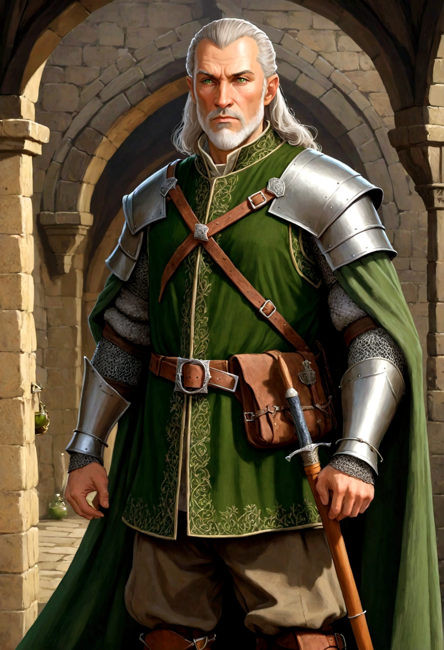 in his mid-fifties, is a medium-height, slim man. His sharp features and attentive gaze reflect his intelligence and keen observational skills. His hair is thinning, with the remaining strands carefully groomed and silver in color. His deep green eyes convey a sense of profound thought and meticulous calculation. He typically wears simple yet high-quality clothing. always carries a small ledger in his pocket. ((dnd noble)), ((medieval age noble))