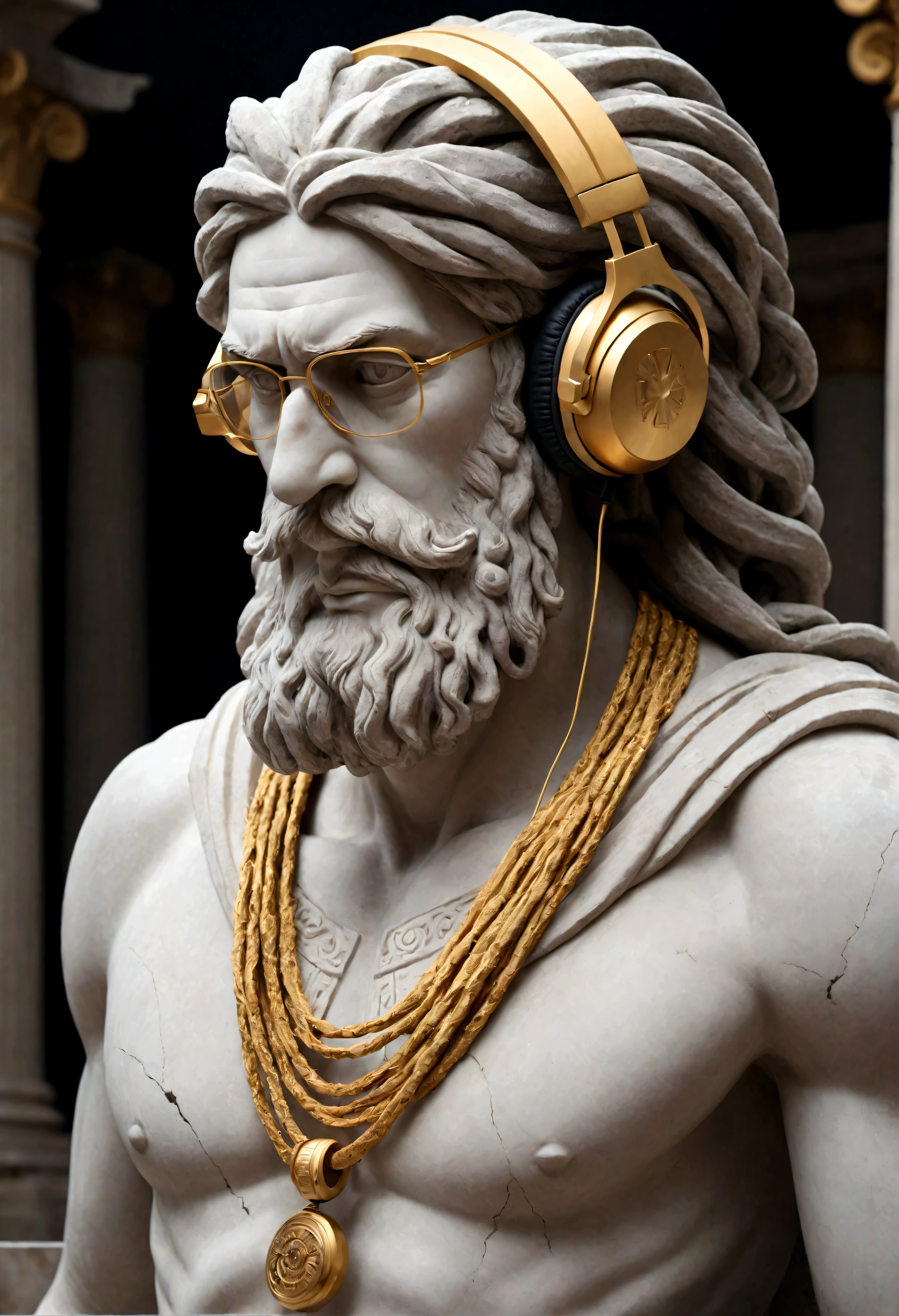 A stoic Greek man made of gray stone with cracks representing modern DJ. The figure must be in a dynamic pose, with one hand adjusting the headphones and the other on the soundboard. The sculpture must have the following characteristics:Headphones: Large and modern, detailed carved from marble.Sound Desk: A toned body with the head lowered, a thick fog around, a red beam in the sky illuminates the fog. In the background there are black mystical mountains, bright colors, high contrast of tones, dark atmosphere, seen from above.Mix of modern technology with classical Greek elements, including buttons and sliders.Golden Chain: A robust and very detailed hanging around the neck. Transparent Glasses Glasses with a translucent appearance, sculpted to look like glass.Rasta Hair: Dreadlocks falling forward, partially covering the face, but without hiding important details. Sculpture Style: Ideal proportions and well-defined muscles, following the classic Greek style. Traditional Greek clothing adapted to the modern look of a DJ.Base and Context:The base of the sculpture must combine classical elements, such as Greek columns and friezes, with symbols of Image Quality Resolution: 4K to 8K