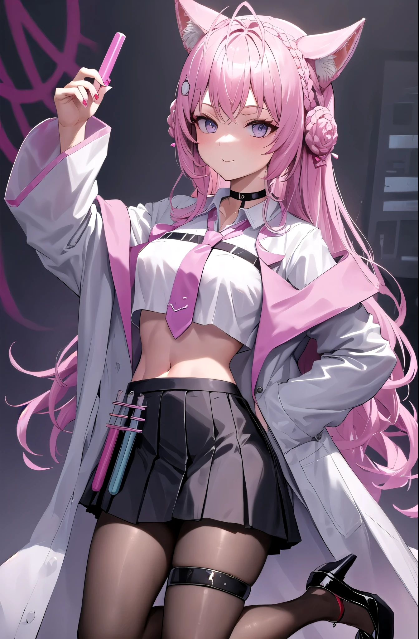 long hair, hair bun, double bun, braided bun, crown braid, hexagon, choker, black choker, necktie, pink necktie, shirt, white shirt, collared shirt, crop top, crop top overhang, fingernails, nail polish, pink nails, watch, pocket watch, midriff, navel, belt, skirt, miniskirt, black skirt, pleated skirt, frills, frilled skirt, test tube, pantyhose, black pantyhose, thigh strap, shoes, black footwear, high heels, coat, labcoat, white coat, open coat, open clothes, long sleeves, sleeves past wrists, pocket, smile, laboratory