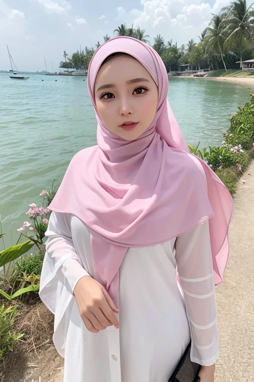 remaja cantik sedang memegang bunga mawar hungu berpakaian busana muslin hijab ungu
latar belakang pasir pantai putih