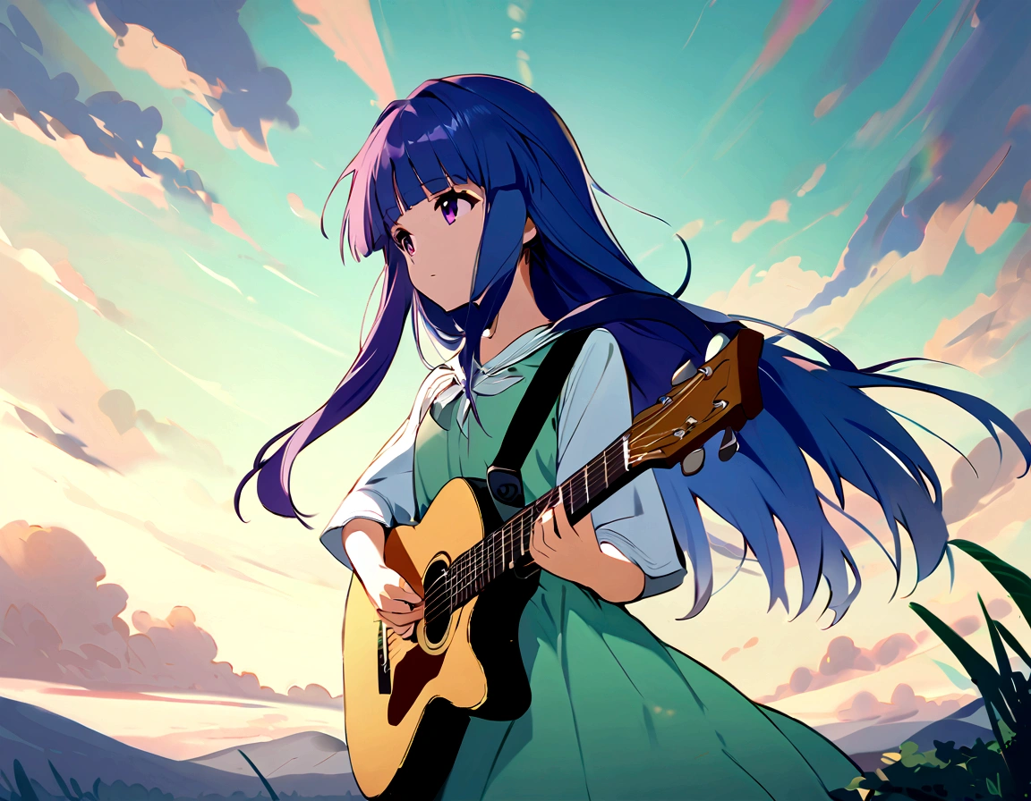 Guitarist playing guitar in natural scenery。Green background and clear々In the fresh air、Guitarists are one with nature。
One Girl, alone, furude rika, Blue Hair, Purple eyes, Long Hair, blunt bangs, bangs, alone, green dress