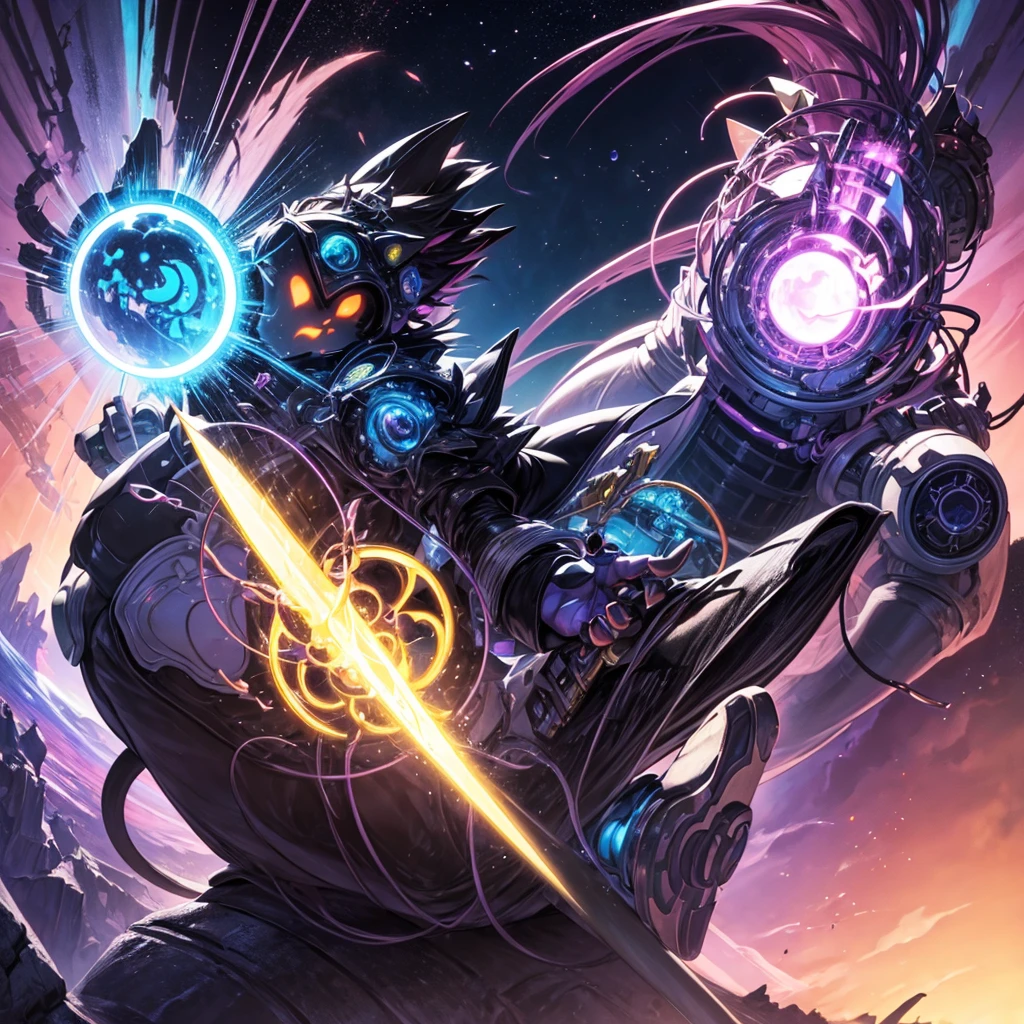 Niji mode, human sorcerer secret agent, human face with violet lion ears, full body, wearing an elegant suit made of fine fabric and with magic circuits, holding in both hands a sword with a long handle with carved magic details glowing, glowing eyes, RPG costume , tanned skin, neon punk, art book, Studio ghibli, wide setting, in the middle of a retro cyber punk magical metropolis, magical light reflected in the hair and ear, aura of light, stylish dynamic pose, side view, old anime