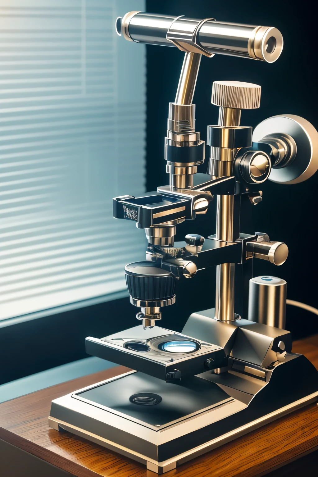 a highly detailed binocular biological microscope,a professional binocular microscope,laboratory equipment,scientific instruments,scientific research,scientific discovery,educational tools,precise optics,high magnification,complex mechanism,intricate design,realistic textures,metallic body,glass lenses,intricate controls,laboratory setting,scientific workspace,educational environment,neutral colors,studio lighting,photorealistic,8k,masterpiece