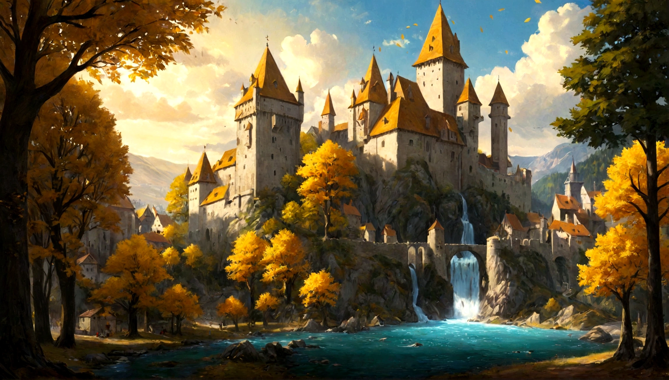many trees, forest, golden trees, golden leaves, ((forest)) city in forest, city, medieval city, ((medieval city))
