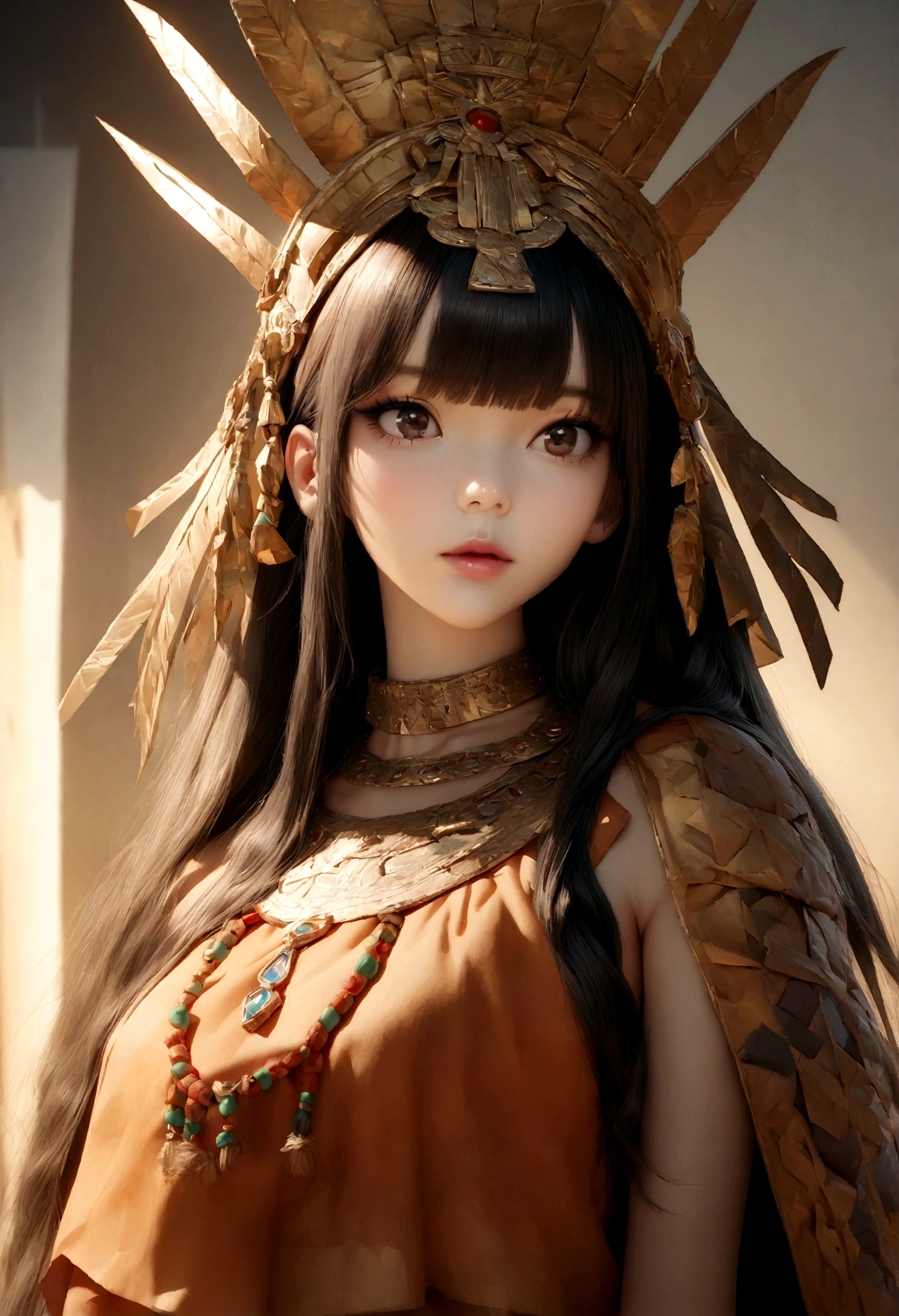 (MASTERPIECE:1.2),(CGI ART:1.3),(REALISTIC:1.5),(POST PROCESSING:1.3),(SHARP FOCUS:1.3),8K, photo shoot, ((UPPER BODY)), ( aztec costume, (high shadows detail) , (ILLUSTRATION:1.2), (ulzzang-6500:1.0), ((HDR)), beautiful tall girl