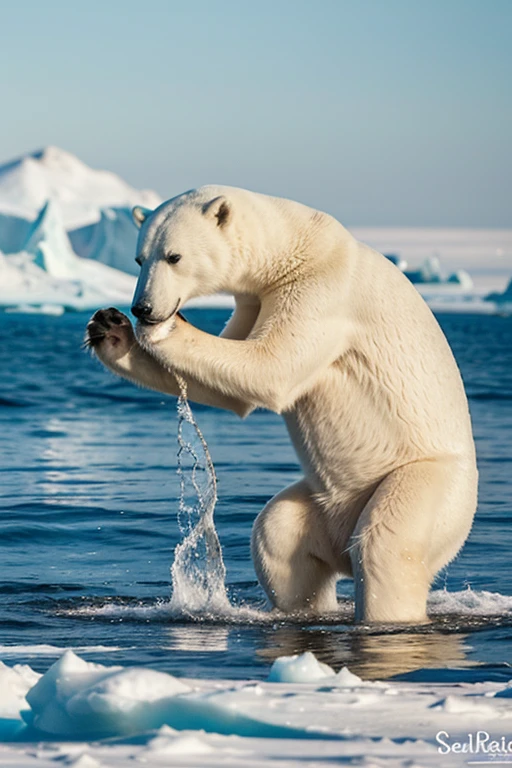 A polar bear cub caught a fish in the ocean and eats it with pleasure.