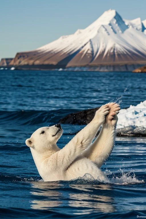 A polar bear cub caught a fish in the ocean and eats it with pleasure.