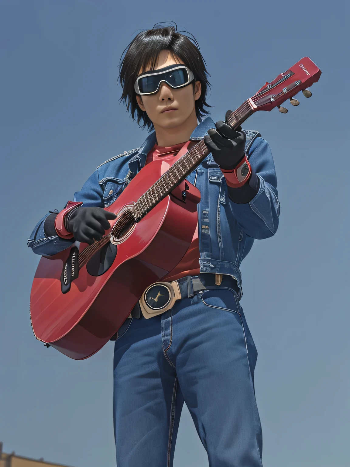 Holding a red acoustic guitar、Put the goggles on your head、A Japanese man in a denim jacket posing for a photo, Daisuke Ban, Kikaider, Kikaider action pose, Kikaidercharacter, Special Effects, Daisuke Ban、The background is blue sky、Shooting from below、Black gloves、Handsome face、Sharp Eyes