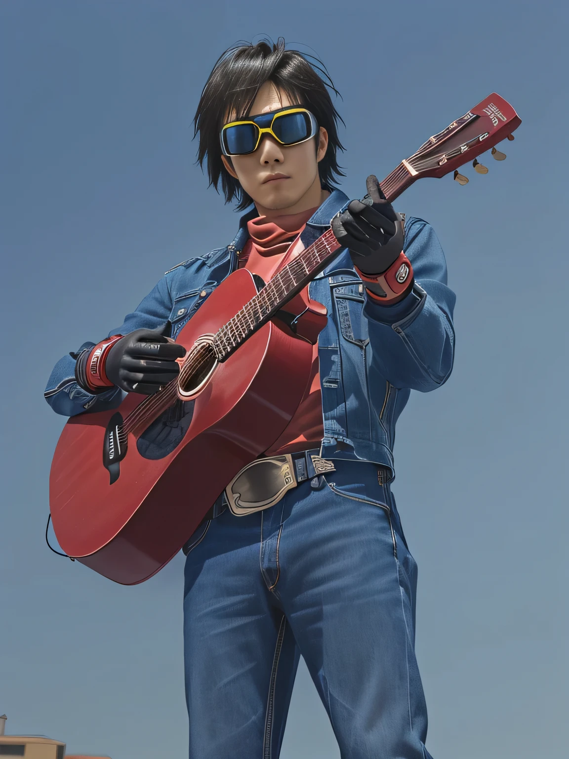 Holding a red acoustic guitar、Put the goggles on your head、A Japanese man in a denim jacket posing for a photo, Daisuke Ban, Kikaider, Kikaider action pose, Kikaidercharacter, Special Effects, Daisuke Ban、The background is blue sky、Shooting from below、Black gloves、Handsome face、Sharp Eyes