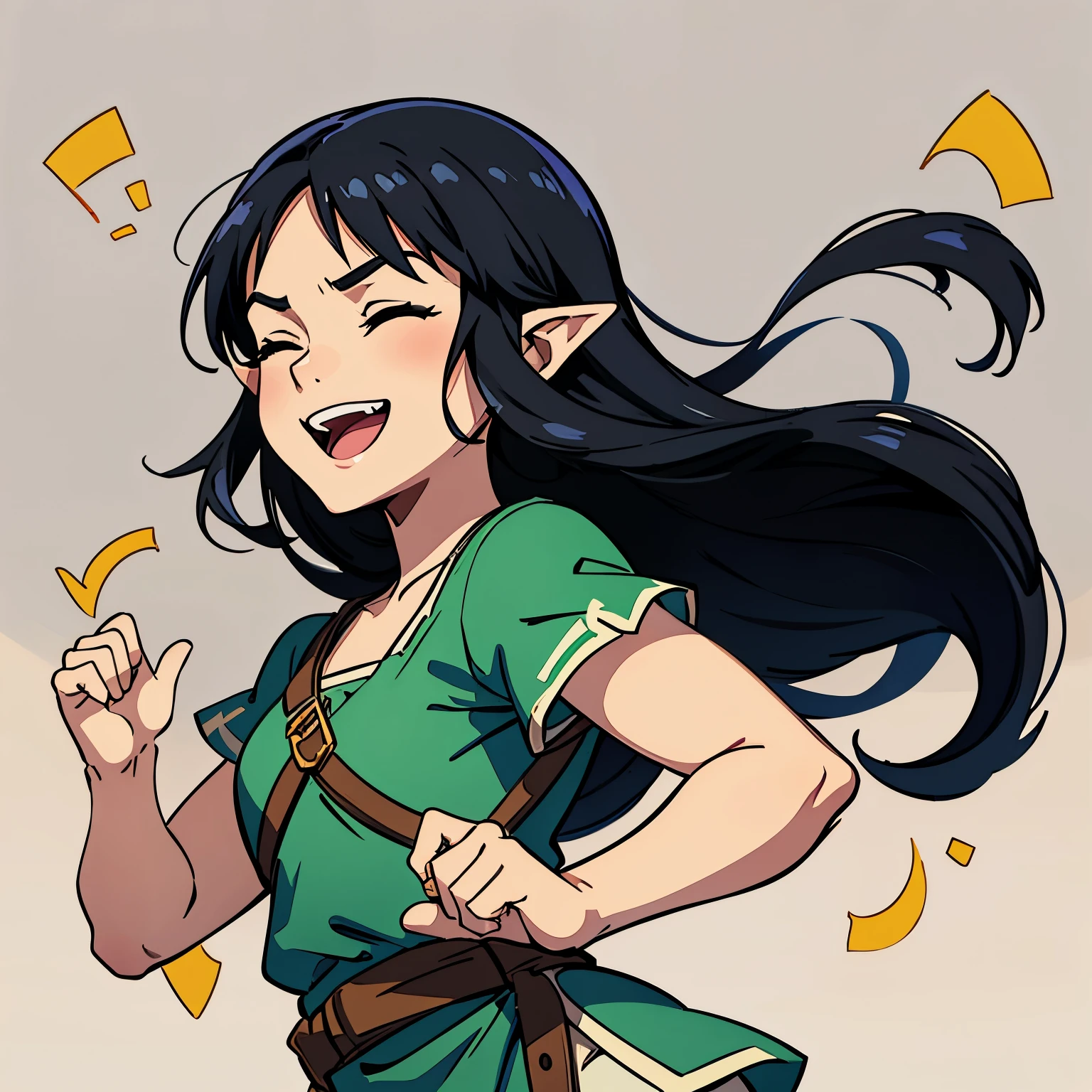 A woman, with cosplay of Link, laughing, closed eyes, black long hair, sketch art, sticker, white background, character from the legend of zelda