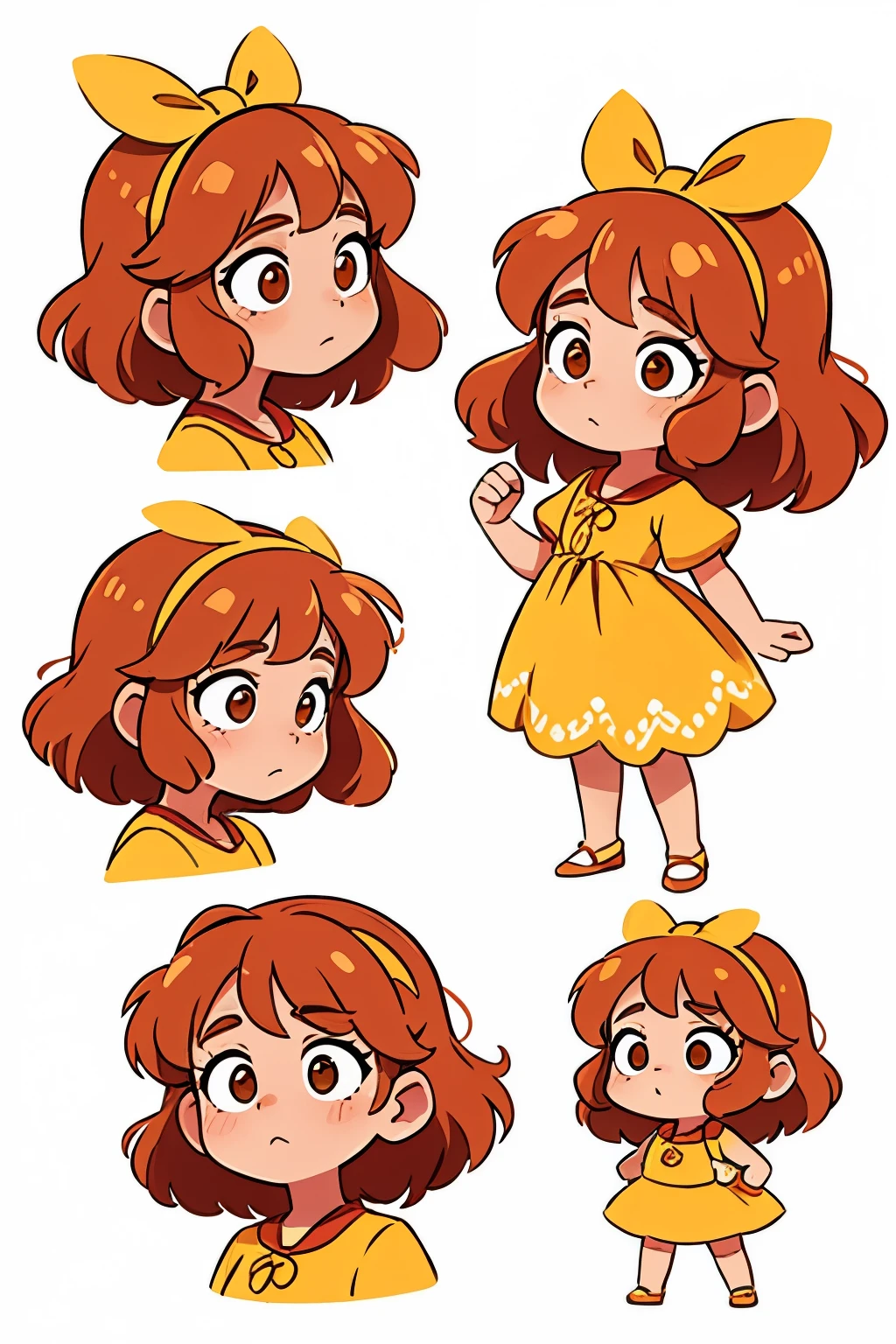 uma , with honey-colored curls and a bow, olhos brilhantes, usando um vestido florido e sapatos pretos, make her in multiple poses and expressions on a white background in a side view