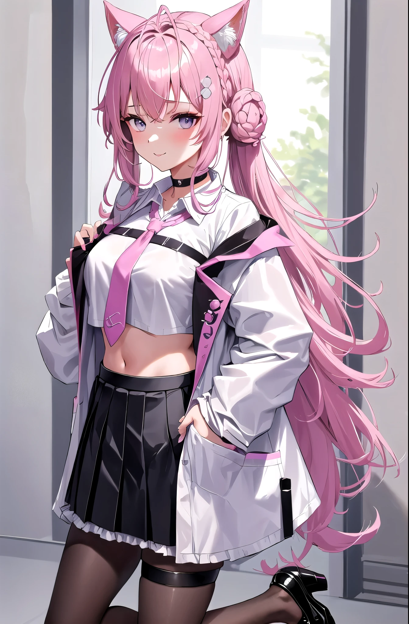 long hair, hair bun, double bun, braided bun, crown braid, hexagon, choker, black choker, necktie, pink necktie, shirt, white shirt, collared shirt, crop top, crop top overhang, fingernails, nail polish, pink nails, watch, pocket watch, midriff, navel, belt, skirt, miniskirt, black skirt, pleated skirt, frills, frilled skirt, test tube, pantyhose, black pantyhose, thigh strap, shoes, black footwear, high heels, coat, labcoat, white coat, open coat, open clothes, long sleeves, sleeves past wrists, pocket, smile, laboratory