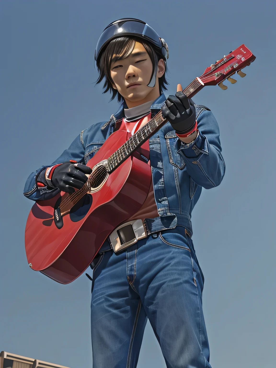A Japanese man wearing a denim jacket and a red Acoustic guitar and a white helmet poses for a photo, Daisuke Ban, Kikaider, Kikaider action pose, Kikaidercharacter, Special Effects, Daisuke Ban、The background is blue sky、Shooting from below、Black gloves、Handsome face、Sharp Eyes