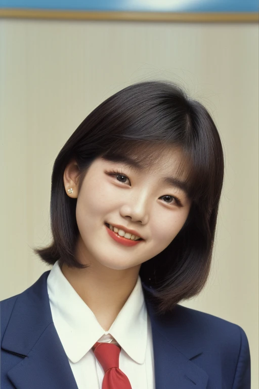 Seoul, 1982, (((1 korean young girl and 1 old korean man facing each other))), {A young korean beautiful girl, 18-year-old, sexy girl, strikingly beautiful, black hair, big breasts, delicate facial features, porcelain skin, red lips, expressive eyes, ((awe and joy expression)), a high school girl,  (high school suit from the 1980s), ((hairstyle of the 1980s)),((pin up style))}, pastel background, (((60 years old korean man wearing business suit))), (((60 years old korean man hugging on korean young girl's chest))),