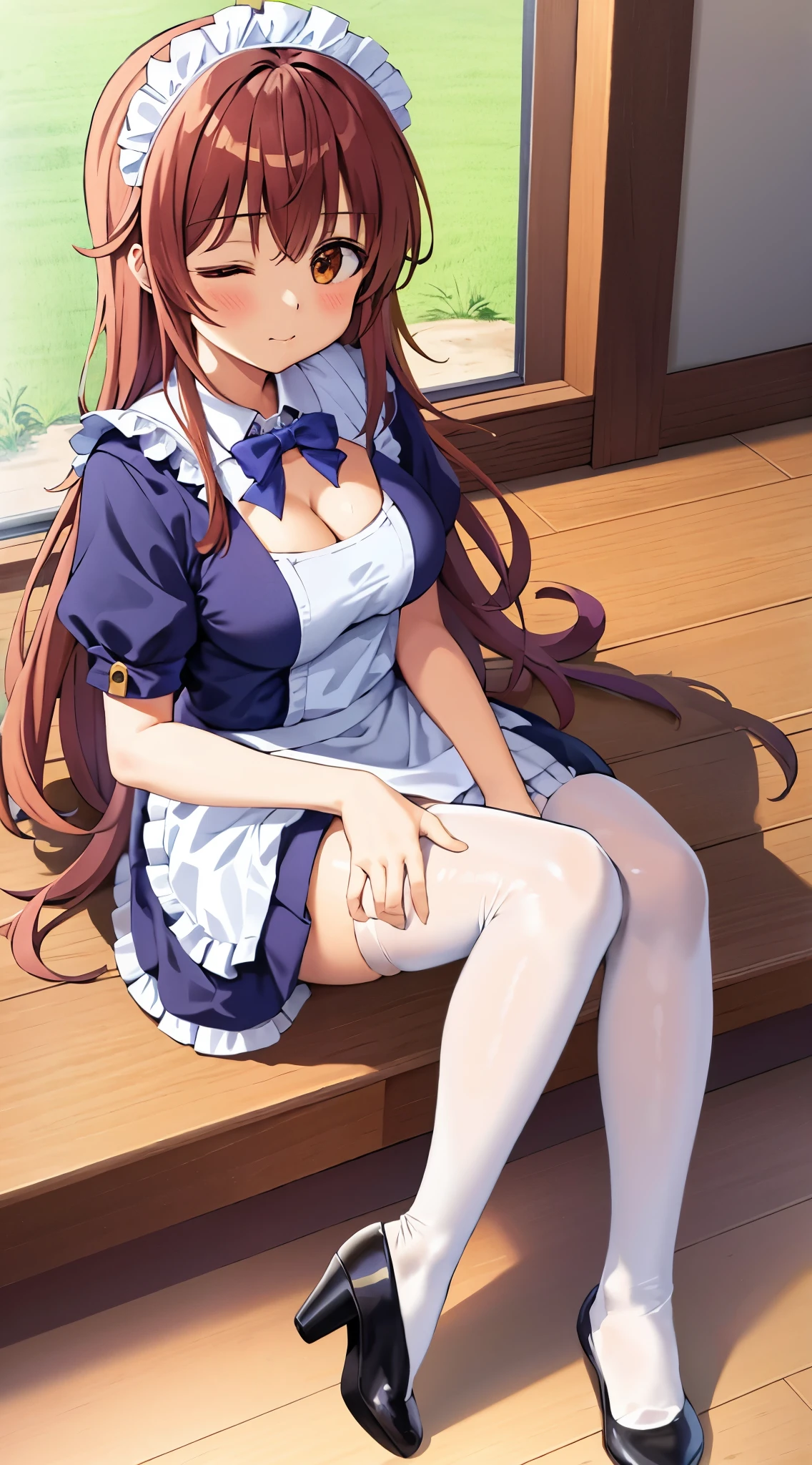 best quality, masterpiece, highly detailed, illustration, 1girl, solo, yoshida yuuko \(machikado mazoku\), shamiko, sitting, sitting on wood floor, (maid), cleavage, white thigh highs, heeled shoes, one eye closed, glossy lips, closed mouth, broken plate