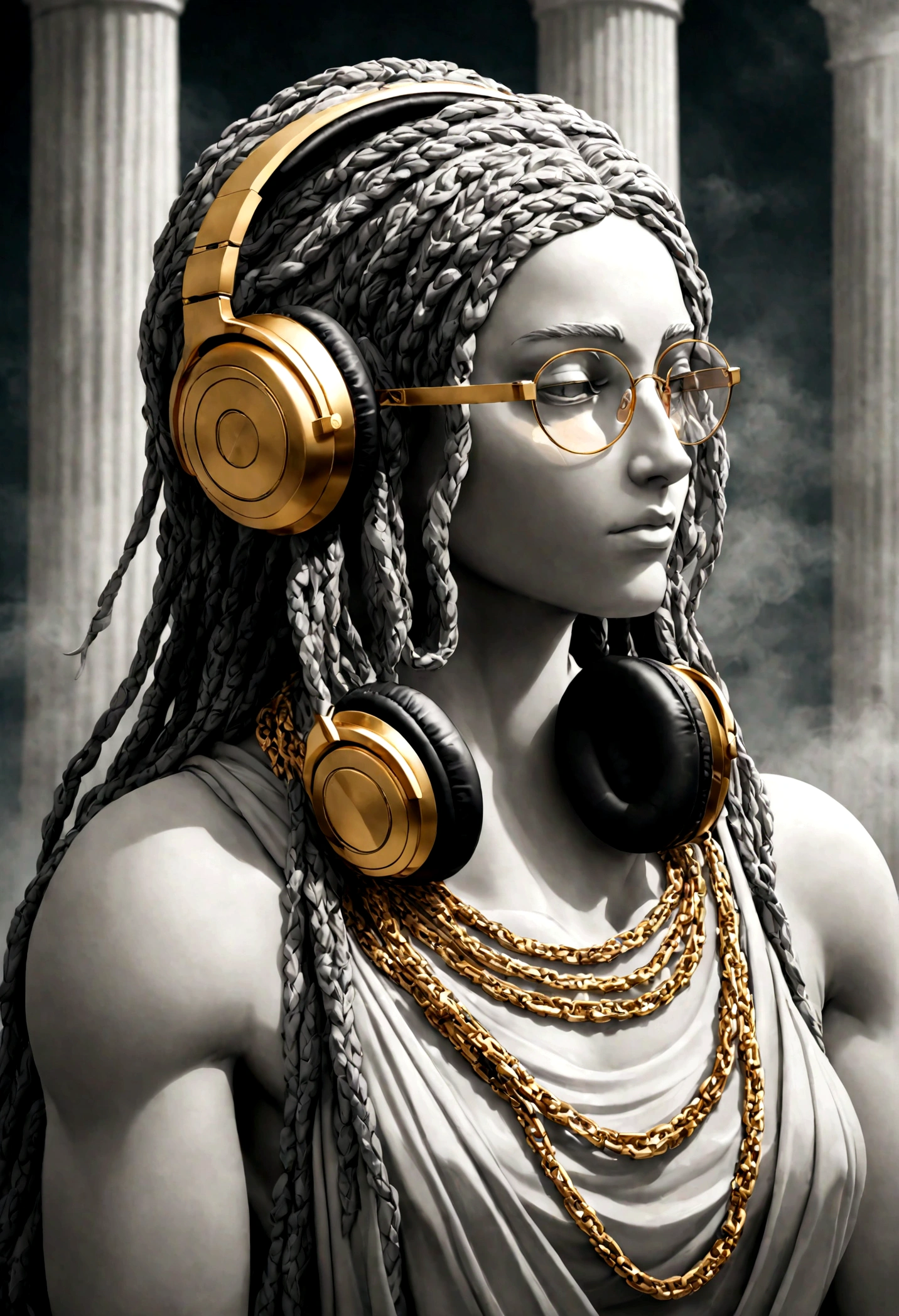 Stoic Greek woman made of gray stone with cracks representing the modern DJ. The figure must be in a dynamic pose, with one hand adjusting the headphones and the other on the soundboard. The sculpture must have the following characteristics:Headphones: Large and modern, detailed carved from marble.Soundboard: Toned body with head down, a thick fog around, a red beam in the sky illuminates the fog. In the background there are black mystical mountains, bright colors, high contrast of tones, dark atmosphere, seen from above. Mix of modern technology with classic Greek elements, including buttons and sliders. Gold Chain: A robust and very detailed chain hanging around the neck. Transparent Glasses Glasses with a translucent appearance, sculpted to look like glass. Rasta Hair: Dreadlocks falling forward, partially covering the face, but without hiding important details. Sculpture Style: Ideal proportions and well-defined muscles, following the classic Greek style. Traditional Greek clothing adapted to the modern look of a DJ.Base and Context:The base of the sculpture must combine classical elements, such as Greek columns and friezes, with symbols of Image Quality Resolution: 4K to 8K