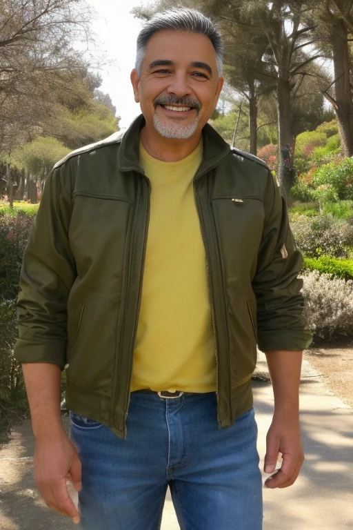 Hombre padre de familia sonriendo, caminadno por el parque, padre de familia,